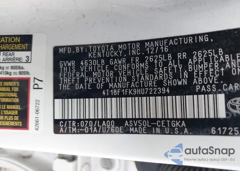 2017 Toyota Camry Xle from USA, damaged, VIN 4T1BF1FK9HU722394